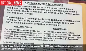  ?? ADVISORY NOTICE IS COURTESY OF PEN AMERICA VIA TWITTER. ?? Florida School District advisiry notice on over 100 LGBTQ- and race-themed books.