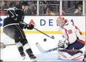  ?? Harry How Getty Images ?? AUSTIN WAGNER of the Kings can’t get a secondperi­od shot past Washington’s Ilya Samsonov.