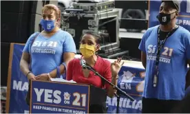  ?? Photograph: Mark Von Holden/AP ?? Nithya Raman speaks at the Celebrate Renters rally hosted by California’s Yes on 21 campaign at Los Angeles City Hall on 8 September 2020.