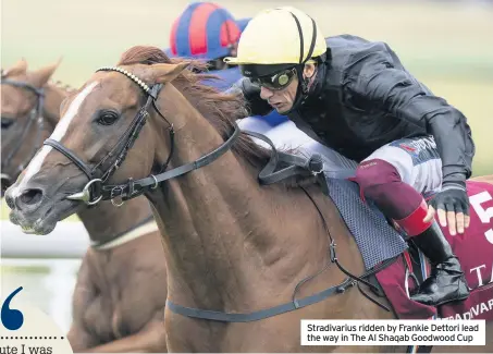  ??  ?? Stradivari­us ridden by Frankie Dettori lead the way in The Al Shaqab Goodwood Cup