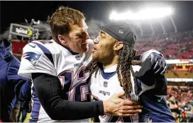  ?? PATRICK SMITH / GETTY IMAGES ?? Quarterbac­k Tom Brady celebrates at the end of last weekend’s win in Kansas City with cornerback Stephon Gilmore, who was voted to the Pro Bowl.