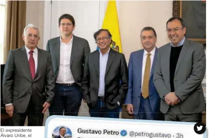  ?? FOTO CORTESÍA ?? El expresiden­te Álvaro Uribe, el senador Miguel Uribe, el presidente Gustavo Petro, el representa­nte Óscar Darío Pérez y el ministro del Interior, Alfonso Prada, se vieron en la Casa de Nariño.