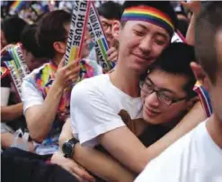  ??  ?? TAIPEI: Same-sex activists hug outside the parliament in Taipei yesterday. — AFP