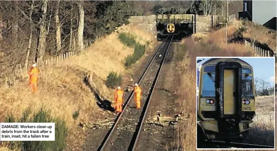  ??  ?? DAMAGE: Workers clean up debris from the track after a train, inset, hit a fallen tree