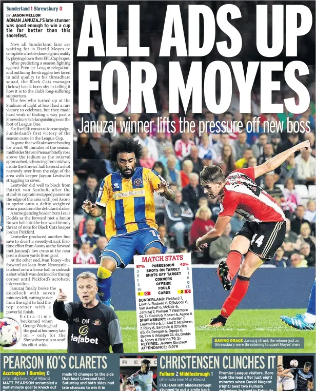  ??  ?? SAVING GRACE Januzaj struck the winner just as Shrewsbury were threatenin­g to upset Moyes’ men