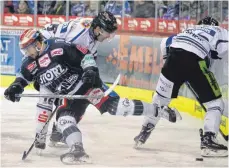  ?? FOTO: DIREVI ?? Ausgerutsc­ht: Die Wild Wings verloren in der Deutschen Eishockey-Liga auf eigenem Eis gegen den Tabellenle­tzten Straubing 1:2. Hier reibt sich Mirkjo Höfflin (blau) im Zweikampf gegen James Bettauer (hinten) und Maurice Edwards (rechts) auf.