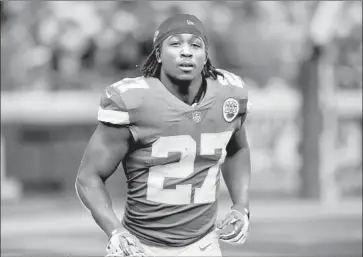  ?? Jason Hanna Getty Images ?? THE KANSAS CITY CHIEFS have released Kareem Hunt, their leading rusher, after a video surfaced of him shoving and kicking a woman in the hallway of a hotel room in Cleveland earlier this year.