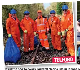  ??  ?? TELFORD It’s in the bag: Network Rail staff clear a line in Telford, McDonald’s workers take to the water in Burton and employees of Wilko hit the beach in Blackpool