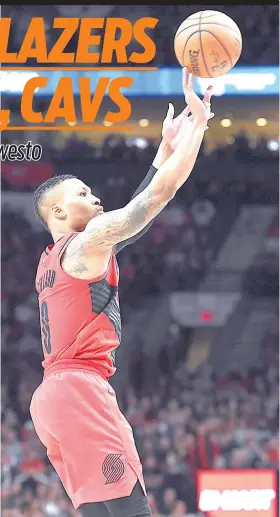  ?? / AP ?? ■3-POINTER: Ang three-pointer ug guard sa Portland TrailBlaze­rs nga si Damian Lillard maoy usa sa naghatag og labad sa ulo sa Cleveland Cavaliers sa ilang duwa kagahapon sa NBA. Sa maong duwa ang Blazers midaog, 113-105.