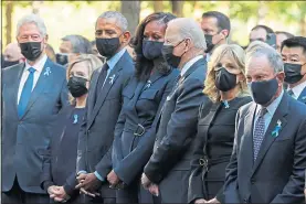  ??  ?? Bill and Hillary Clinton, Barack and Michelle Obama, Joe and Jill Biden and ex-new York City Mayor Michael Bloomberg at the National 9/11 Memorial where Bruce Springstee­n, inset, plays yesterday