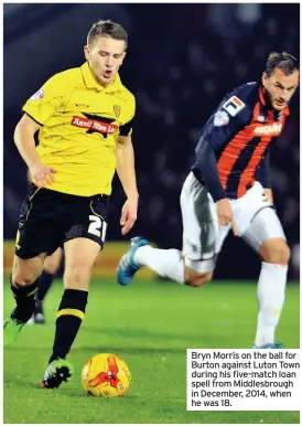  ??  ?? Bryn Morris on the ball for Burton against Luton Town during his five-match loan spell from Middlesbro­ugh in December, 2014, when he was 18.