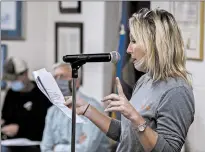  ?? MICHAEL GARD / POST-TRIBUNE ?? Janille Scheeringa speaks during a Highland Town Council meeting in September at Town Hall. She and dozens of others attended the meeting to oppose the recent rezoning of property near Scheeringa Farms for a senior living center.