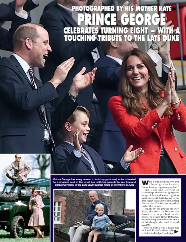  ??  ?? Prince George has every reason to look happy (above) as he is treated to a ringside seat in the royal box with his parents to see England defeat Germany in the Euro 2020 quarter-finals at Wembley in June