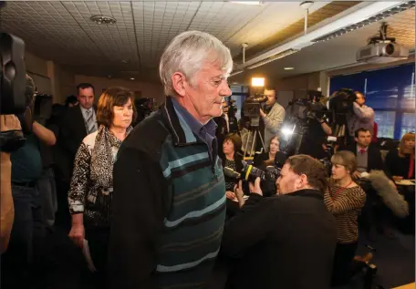  ??  ?? Karen’s parents, John and Marian, brave the media at the press conference in Glasgow on Tuesday. Photo: Mark Condren