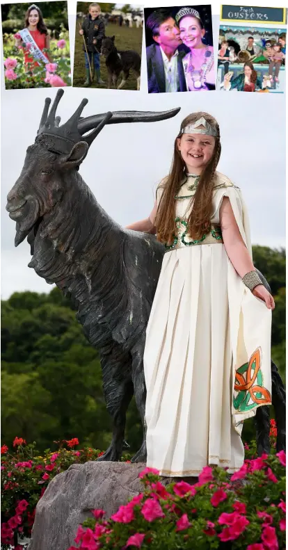  ??  ?? VIBRANT HISTORY: Clockwise from above: 2018 Queen of Puck Fair Ella Foley (13), at the King Puck statue in Killorglin, Co Kerry; Limerick Rose Sinead Flanagan who was crowned the 2019 Internatio­nal Rose of Tralee; Hannah Kelly with her Falabella miniature horse at the Ballinaslo­e Horse Fair in 2012; a peck from singer Daniel O’Donnell for the 2014 Mary from Dungloe winner Kate Lindsay; Helen Gregg, Pirate Queen with Masquerade Mardi Gras Revellers, at the launch of the Galway Internatio­nal Oyster and Seafood Festival in 2014