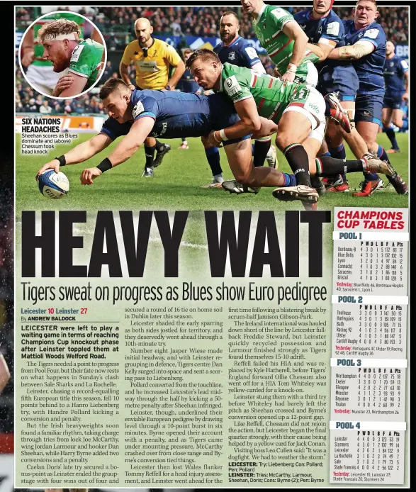  ?? ?? SIX NATIONS HEADACHES Sheehan scores as Blues dominate and (above) Chessum took head knock