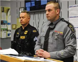  ?? MARSHALL GORBY/STAFF ?? Dayton Police Sgt. Gordon Cairns and Ohio State Partol Sgt. Dallas Root, gave a update Feb. 16 on OVI’S from last year as well as Super Bowl patrols. Intoxicate­d driving arrests fell to the lowest level in years, according to provisiona­l data.