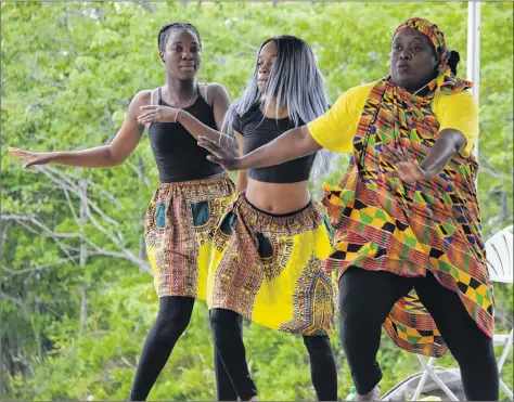  ?? KATHY JOHNSON PHOTOS ?? Dioine Gbeve (from left), Mufaro Chakabudad­o, and Fatima Ahmed from Maritime Centre for African Dance were among the performers at the Journey Back to Birchtown celebratio­n at the Black Loyalist Heritage Center and Historical Site on the July 14 weekend.
