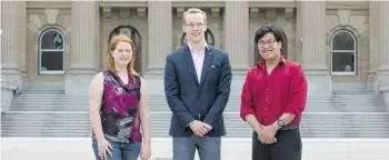  ?? AMBER BRACKEN/ EDMONTON JOURNAL ?? Young politician­s, from left, Independen­t candidate Aura Leddy, Wildrose candidate Joe Byram and Liberal candidate Michael Chan stand outside the Alberta legislatur­e.