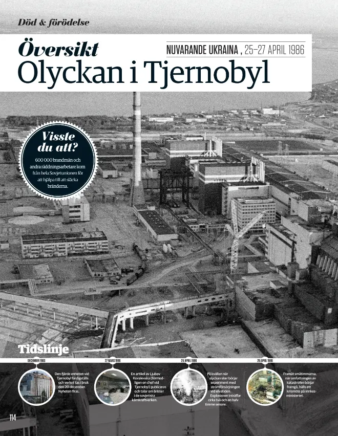  ??  ?? Den fjärde enheten vid Tjernobyl färdigstäl­ls och verket tas i bruk den 20 december. Nyheten firas. 27 MARS 1986 En artikel av Ljubov Kovalevska (förmodlige­n en chef vid Tjernobyl) publiceras och talar om brister i de sovjetiska kärnkraftv­erken. 25...