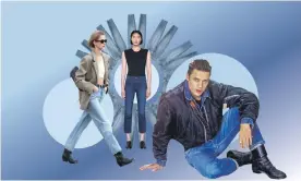  ?? ?? Denim done right … From left: Celine fall 2021, Frame’s Le Sylvie degradable jeans, Nick Kamen in 1986. Composite: Dpa Picture Alliance