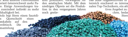  ??  ?? Die farbigen Kunststoff­pellets des Wiener Großkonzer­ns Borealis wurden aus Haushaltsm­üll recycelt.