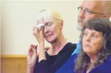  ??  ?? Vinnie Gerecke, left, widow of Steven Gerecke, wipes tears during the sentencing of the last of six teens involved in the shooting death of her husband in June 2015. Sitting next to her is Craig Alter and Joanie Pearson.