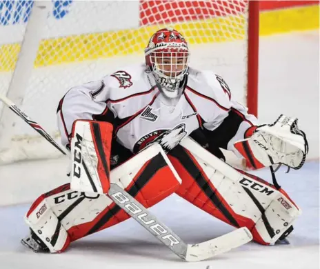  ?? MINAS PANAGIOTAK­IS/GETTY IMAGES ?? Rouyn-Noranda goaltender Samuel Harvey impressed with his play during the Quebec junior league’s two games against a touring Russian team.