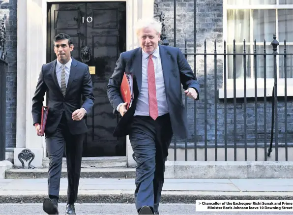  ??  ?? Chancellor of the Exchequer Rishi Sunak and Prime Minister Boris Johnson leave 10 Downing Street