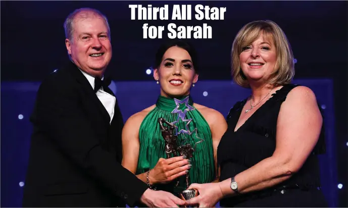  ??  ?? Sarah Houlihan of Kerry is presented with her TG4 All Star award by Ard Stiúrthóir TG4, Alan Esslemont and President of LGFA Marie Hickey during the TG4 Ladies Football All Stars Awards 2018, in associatio­n with Lidl, at the Citywest Hotel in Dublin. Photo by Brendan Moran/Sportsfile