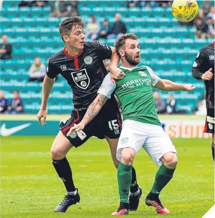  ??  ?? ■ Hibs’ James Keatings battles for the ball against St Mirren’s Jack Baird.