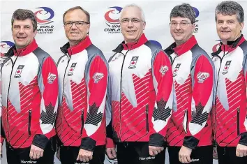  ?? —photo provided ?? Internatio­nal pride is the reason for smiles on the faces of Howard Rajala (alternate), Ken Sullivan (lead), Doug Johnston (second), Ian MacAulay (third), and Skip Bryan Cochrane (right), as they pose for World Curling Federation photograph­er after...