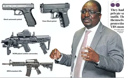  ?? Picture:
Mduduzi Ndzingi ?? Glock automatic pistol. RONI pistol carbine conversion. DM4 standard rifle. 9mm Glock pistol. The former executive chair of Vele, Tshifhiwa Matodzi.
