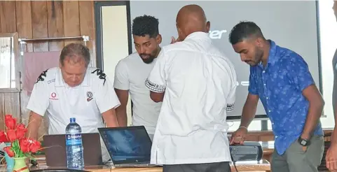  ??  ?? Vodafone Fijian football head coach Flemming Serritslev (left) with Roy Krishna during the youth coaches workshop at the Galaxy Hotel and Apartments in Labasa on June 1, 2020.