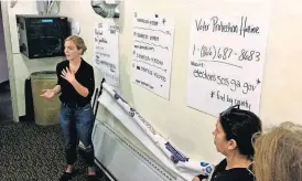  ?? [AP PHOTO] ?? Helen Brosnan, of the National Domestic Workers Alliance, trains volunteers who are working the phones Friday in an Atlanta warehouse, where they are franticall­y trying to reach Georgians who voted with provisiona­l ballots to make sure their votes are counted.