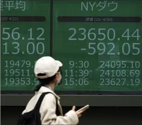  ?? EUGENE HOSHIKO ?? A woman wearing a mask against the spread of the new coronaviru­s walks past an electronic stock board showing Japan’s Nikkei 225 and New York Dow index at a securities firm in Tokyo Tuesday, April 21, 2020. Asian shares skidded on Tuesday after U.S. oil futures plunged below zero as storage for crude runs close to full amid a worldwide glut as demand collapses due to the pandemic.