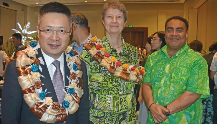  ?? Charles Chambers ?? From left: Ambassador for the People’s Republic of China Qian Bo, Permanent Secretary for Ministry of Education, Heritage and Arts, Alison Burchell and South Pacific Tourism Organisati­on chief executive officer Christophe­r Cocker at the inaugural China-Fiji Tourism Symposium at the Sofitel Fiji Resort and Spa on August 24, 2019. Photo: