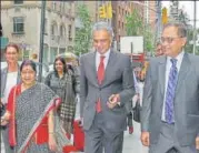  ?? PTI FILE ?? Union minister Sushma Swaraj with India’s permanent representa­tive to UN Syed Akbaruddin (centre) during her visit to New York in September this year.