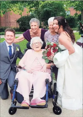  ?? The Carino family / Contribute­d photo ?? Nicholas Hann, the groom; Angela Carino, mother of the bride; Domenica “Dolly” Sarica, grandmothe­r of the bride, and Elizabeth Carino, the bride, flank Frances Carino, grandmothe­r, center.