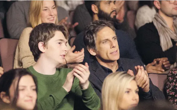  ?? AMAZON STUDIOS ?? Austin Abrams, left, and Ben Stiller star in Brad’s Status, a film about a self-involved middle-aged man who mopes.