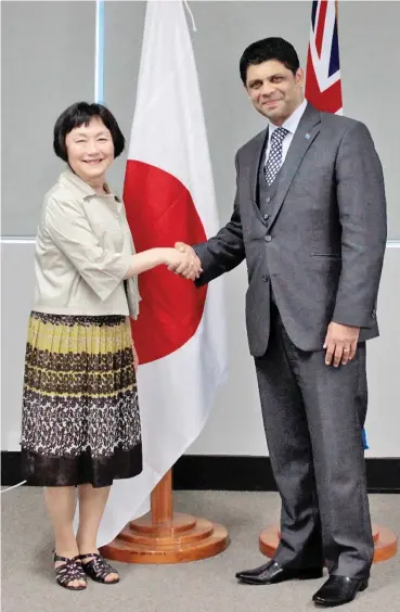  ?? Photo: DEPTFO News ?? Japan Civil Aviation Bureau senior air talks officer Sanae Mizuta (left), and Attorney-General and Minister responsibl­e for Civil Aviation Aiyaz Sayed-Khaiyum in Suva yesterday.