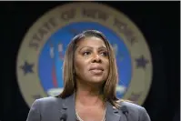  ?? The Associated Press ?? This photo from June 11, 2019, shows New York Attorney General Letitia James addressing a news conference in New York. James has launched an independen­t investigat­ion, examining allegation­s of sexual harassment against Gov. Andrew Coumo, while the state Assembly announced an impeachmen­t investigat­ion.