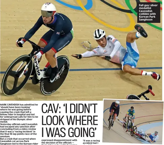  ??  ?? Fall guy: silver medallist Cavendish collides with Korean Park Sanghoon