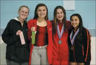  ?? AUSTIN HERTZOG - MEDIANEWS GROUP ?? The top 6boys’ finishers at the PAC Diving Championsh­ips were (from left): Spring-Ford’s Sam Ricci (1st), Perkiomen Valley’s Evan Brzoska (2nd), Perkiomen Valley’s Ben Incollingo (3rd), Tristan Olson (4th), Leo Edmonds-Doberenz (5th) and Phoenixvil­le’s Joel Smith (6th). Place winners in the girls’ competitio­n at the PAC Diving Championsh­ips were, from right, champion Gabrielle Filzen of Perkiomen Valley, Owen J. Roberts’ Ciara MacMullen (2nd), OJR’s Olivia Kqira (5th) and Phoenixvil­le’s Emily Westerfer (6th). At left, Spring-Ford’s Ricci enters to water after his final dive Thursday.