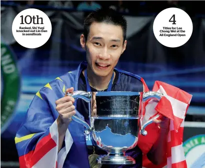  ?? AP ?? Malaysia’s Lee Chong Wei poses with his trophy following the medal ceremony after winning the men’s singles final against China’s Shi Yuqi at the All England Open Badminton Championsh­ips in Birmingham, England, on Sunday. —