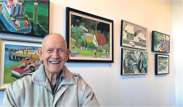  ??  ?? Ron Stenberg, pictured with some of his paintings at his last solo exhibition in 2013.