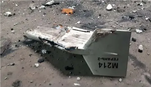  ?? ?? This undated photograph shows the wreckage of what Kyiv has described as an Iranian Shahed drone downed near Kupiansk, Ukraine.