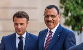  ?? Photograph: Alexis Jumeau/SIPA/ShutPeople ?? The president of Niger, Mohamed Bazoum, right, meets his French counterpar­t, Emmanuel Macron, in Paris a month before the coup.