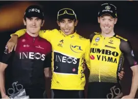  ??  ?? Tour de France 2019: Team Ineos' Geraint Thomas (l) Egan Bernal (c) and Team Jumbo Visma's Steven Kruijswijk (r)