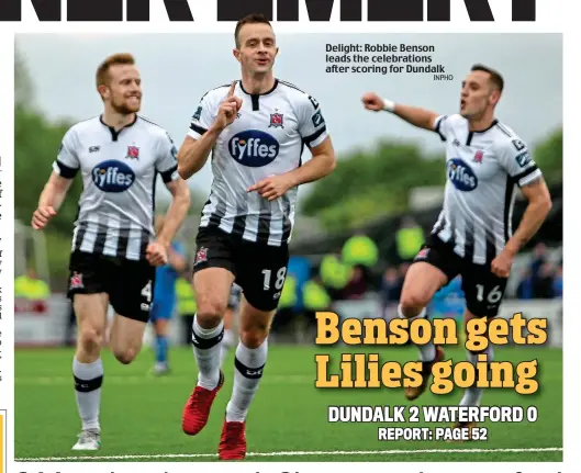  ?? INPHO ?? Delight: Robbie Benson leads the celebratio­ns after scoring for Dundalk